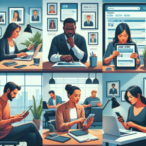 A concept scene showing a diverse group of people finding remote jobs using different devices. Picture a Caucasian woman sitting at a home office desk, typing on her laptop; a Black man holding a tablet with a job search site displayed; an Asian woman scrolling through job listings on her mobile phone; a Hispanic man sitting in a coffee shop peering at his laptop screen; and a Middle-Eastern woman sending a job application email on her desktop computer at a co-working space. All of them are shown engaging with visually distinct job posting sites that are noted for their reliability and ease of use.
