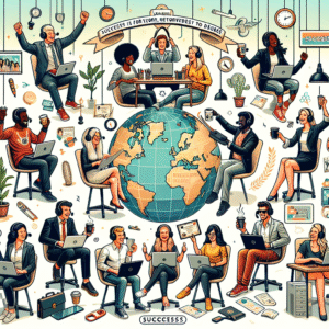 A detailed illustration depicting a varied group of individuals from various global descents such as Caucasian, Hispanic, Black, Middle-Eastern, South Asian, and East Asian, engaged in a remote work setting. They are shown celebrating their success. Key elements include laptops, headphones, and organized home office spaces. Some are holding coffee cups displaying 'Success', others holding certificates, all implying their accomplishment. The background shows a global map, symbolizing their distributed locations. Add a motivational quote 'Success is for everyone, regardless of the degree' at the top in stylish typography.