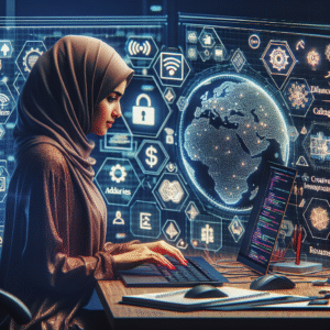 Imagine an advanced virtual workspace for the future, specifically for the year 2025. The scene is organized and streamlined. A middle-eastern female software engineer is coding on a sleek, transparent, holographic computer screen. Industries like tech, finance, and creative writing are represented on the digital platforms laying open on the virtual desktop. The applications and websites feature the badges representing reliability and legitimacy. The background is embroidered with the digital symbols signifying remote work, like WiFi logos, laptop and home icons. The overall atmosphere suggests tranquility, efficiency and effortless work.