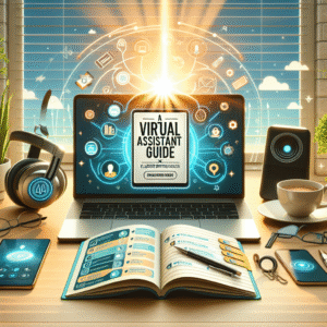 A conceptual image representing a virtual assistant guide. Picture a bright, organized workspace with modern tech gadgets like a laptop, smartphone, headsets, and smart speakers. On the laptop screen, display an e-book titled 'Virtual Assistant Guide: Exclusive Tips for Effortless Success'. Have a visually distinct checklist on a notepad next to the laptop, symbolizing the effective organization. Include elements like a cup of coffee and a plant for a pleasant ambiance. Settled in a morning environment, with rays of sunlight coming from a window, casting a warm, encouraging glow over the scene.