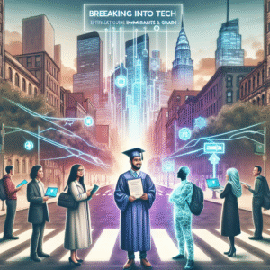 Visualize a contemporary scene depicting a crossroad in a bustling city with skyscrapers in the background that represent the tech industry. At the intersection, present a diverse group of people including a Hispanic female graduate holding a degree scroll and a Middle-Eastern male immigrant glowing with determination. Show them both looking at the tech skyscrapers with a hopeful glint in their eyes. Overlay the scene with a transparent text box in the center, reading "Breaking Into Tech: Effortless Guide for Immigrants & Grads", in an eye-catching but professional font.